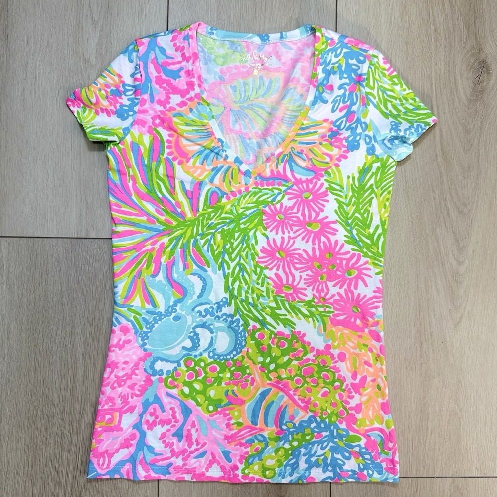 Lilly Pulitzer Womens XS Bright Floral V Neck T Shirt Short‎ Sleeve Stretch Top